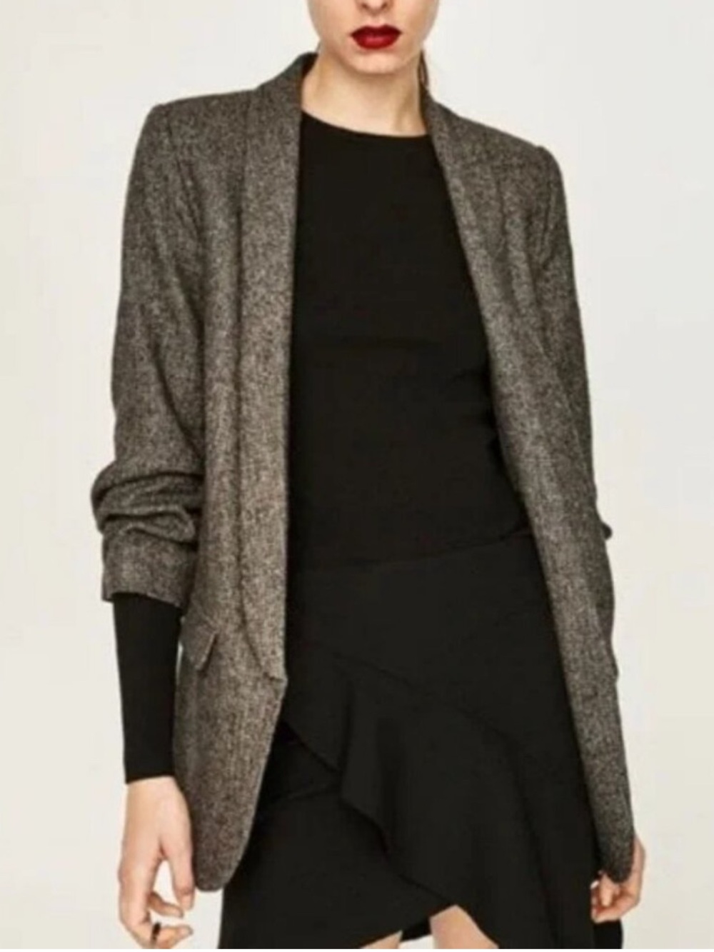 ZARA Herringbone Wool Blend Ruched Sleeve Open Blazer - NWT - Picture 2 of 7